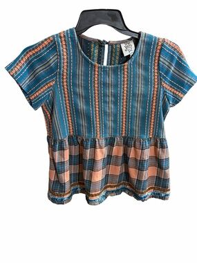 IVY JANE - Textured Stripe & Plaid Peplum Top - Teal & Peach (Size:S)